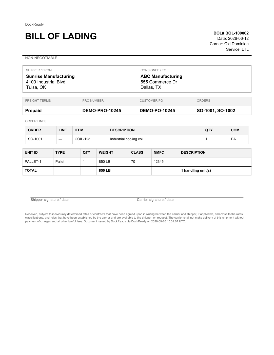 Actual DockReady sample BOL showing DEMO-PRO-10245 and DEMO-PO-10245, fictional shipment addresses, and an 850 lb pallet